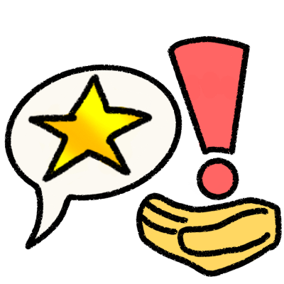 a speech bubble with a shiny gold star in it, to the left of a hand out with a deep pink exclamation mark over it.